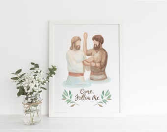 Jesus Christ Baptism, Come Follow Me, Come Folow Me Printable, Jesus Christ Baptism Watercolor Painting, Baptism program cover