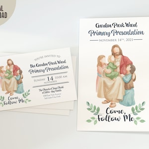Pode incluir: Cartões de convite e apresentação para download digital. Os cartões apresentam ilustrações em aquarela de Jesus com crianças. O texto inclui "Garden Park Ward Primary Presentation" e "Come, Follow Me".