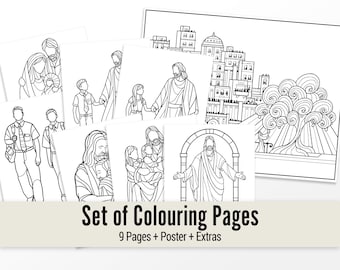 May include: A set of nine black and white colouring pages featuring religious scenes. The pages include images of Jesus, a family, and a storm. The text "Set of Colouring Pages" and "9 Pages + Poster + Extras" is included at the bottom of the image.
