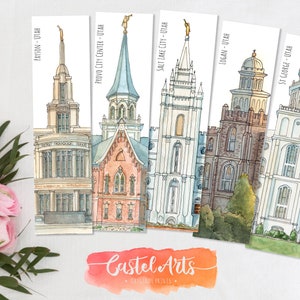 May include: Five watercolor illustrations of different Mormon temples in Utah. The temples are depicted in a realistic style with detailed architectural features. The names of the cities and state are written below each temple.