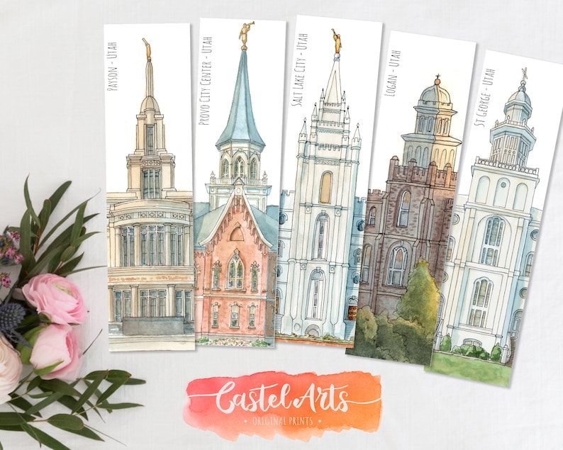 May include: Five watercolor illustrations of different Mormon temples in Utah. The temples are depicted in a realistic style with detailed architectural features. The names of the cities and state are written below each temple.