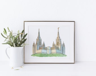 San Diego California Temple Watercolour Painting Digital Print
