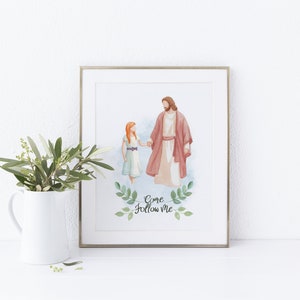 May include: A watercolor painting of Jesus and a young girl walking hand-in-hand. The painting is framed in a gold frame and has the text "Come Follow Me" at the bottom.