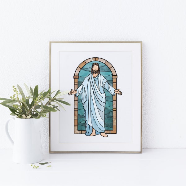 He Is Risen Stained Glass style print , Resurrected Jesus Christ print