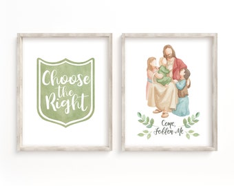 May include: Two framed watercolor prints with religious themes. The left print features a green shield with the text "Choose the Right". The right print shows Jesus with children and the text "Come, Follow Me".