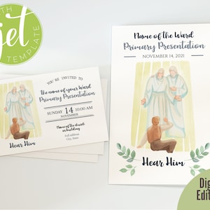 May include: Digital editable invitation cards with watercolor illustrations. The cards feature the text "Name of the Ward Primary Presentation" and "Hear Him". The design includes images of figures in white robes.