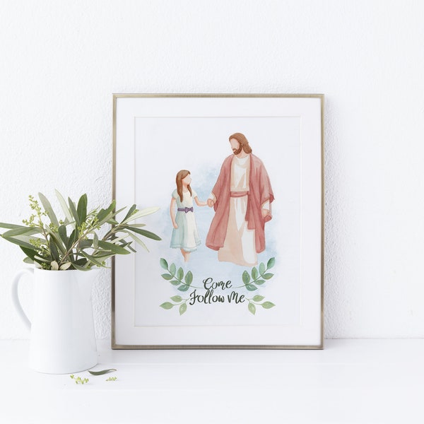 Jésus avec une fille (cheveux bruns), je suis un enfant de Dieu imprimé, décor de baptême, imprimable primaire