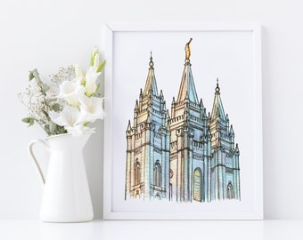 Salt Lake City LDS Temple Ink & Watercolour painting Digital Print, LDS Baptism gift, LDS wedding gift, Temple painting, Salt Lake Temple