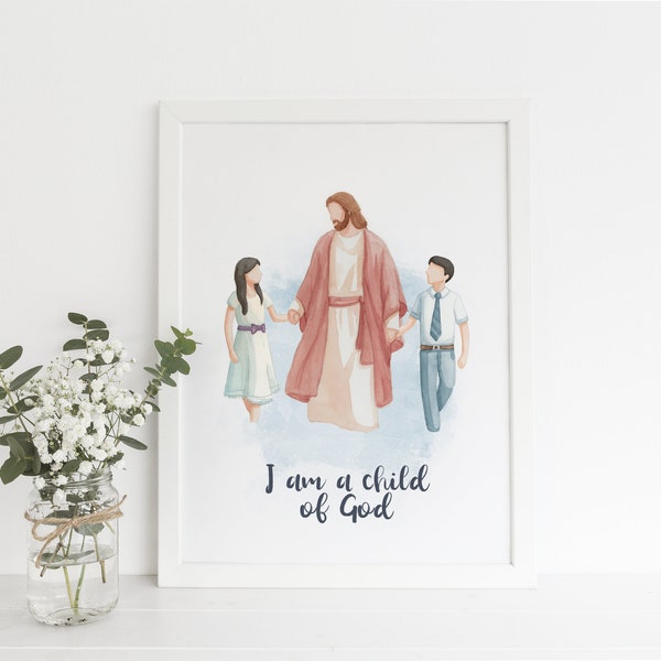 Jesus walking with 2 kids, Boy and girl, dark hair, Digital Print