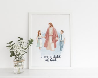 Jesus walking with 2 kids, Boy and girl, BROWN hair, Digital Print