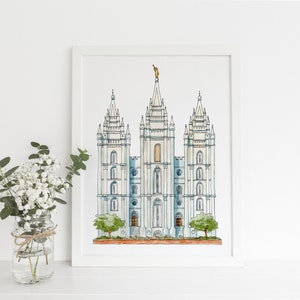 Salt Lake City Utah Temple Ink and Watercolour Painting Digital Print