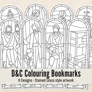 Op de afbeelding: Een set van acht kleurboekenleggers met kunstwerken in glas-in-loodstijl. Elke boekenlegger toont een andere zwart-wit lijntekening van religieuze figuren en architecturale elementen. De tekst "D&C Colouring Bookmarks" wordt weergegeven.