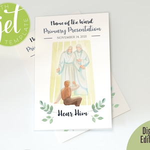 Könnte beinhalten: Digitale, editierbare Präsentationsvorlage mit einer Aquarellillustration. Das Design zeigt den Text "Name of the Ward Primary Presentation" und "Hear Him". Das Bild enthält eine Darstellung von zwei Figuren und einer knienden Person.