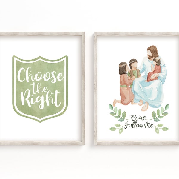 LDS Set with 2 prints Come Follow me Jesus with Nephite children + Choose the Right print, LDS primary, LDS Baptism decor, Choose the Right