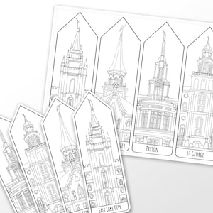 Könnte beinhalten: Schwarz-weiß-Linienzeichnungen verschiedener Mormonentempel, darunter der Salt-Lake-Tempel, der Provo-Tempel, der Payson-Tempel und der St.-George-Tempel. Jede Illustration ist mit der Stadt beschriftet, in der sich der Tempel befindet.