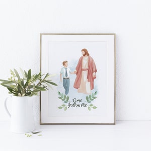 May include: A watercolor painting of Jesus and a young boy walking together. The boy is wearing a blue shirt and tie, and Jesus is wearing a red robe. The painting is framed in a gold frame and has the words "Come Follow Me" written below the figures.