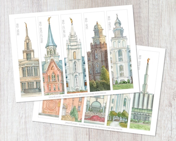 Set with 10 Utah Temples bookmarks, Utah Temples, LDS scripture study. LDS Temples, Watercolor Temple, LDS printables