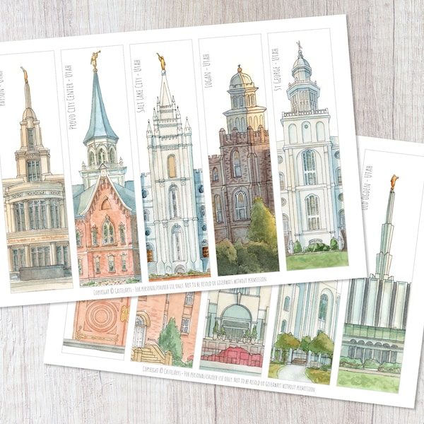 Set met 10 Utah Temples-bladwijzers, Utah Temples, LDS-schriftstudie. LDS-tempels, aquareltempel, LDS-printables