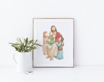 May include: A watercolor painting of Jesus holding children. He is wearing a red robe and the children are wearing various colors. The painting is framed in a gold frame.
