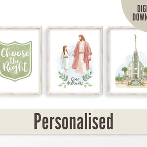 May include: Three watercolor prints with religious themes. The first print features a green shield with the text "Choose the Right". The second print shows a watercolor illustration of Jesus Christ and a young girl with the text "Come Follow Me". The third print shows a watercolor illustration of a temple with a blue sky and green trees.