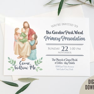 Puede incluir: Una invitación digital con arte en acuarela. La invitación presenta una ilustración de Jesús con niños, el texto "Come, Follow Me" y detalles del evento para la Presentación Primaria de Garden Park Ward.