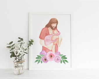 赤ちゃんを抱くイエス（ピンクの毛布）、水彩画、デジタルプリント