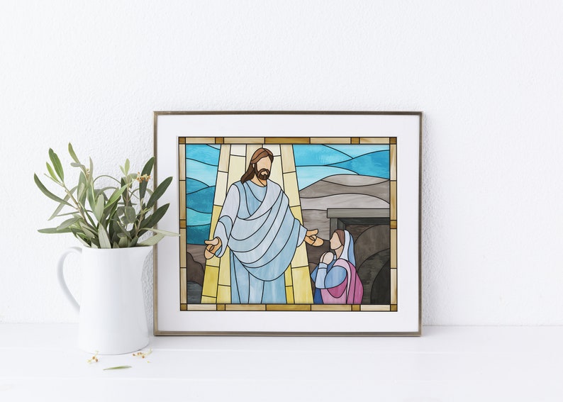 May include: A stained glass style illustration of Jesus appearing to Mary Magdalene after his resurrection. Jesus is wearing a blue robe and Mary is wearing a pink and blue dress. The background is a blue sky with clouds and a stone tomb.