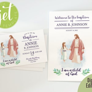 Peut inclure: Une invitation de baptême avec une illustration aquarelle de Jésus et une jeune fille se tenant la main. Le texte indique "Rejoignez-nous pour le baptême d'Annie B. Johnson" et comprend la date, l'heure et le lieu de l'événement. L'invitation présente également la phrase "Je suis un enfant de Dieu" avec des feuilles vertes.