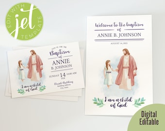 Baptism Cover and Invitation Bundle - Girl (brown hair) walking with Jesus - Editable - DIGITAL file