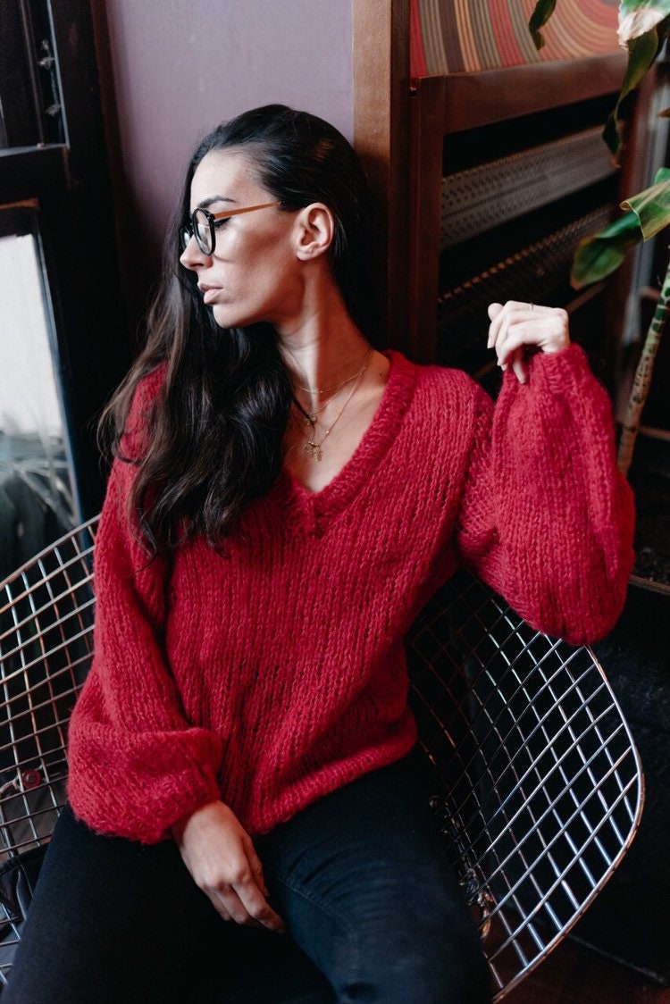 Woman Knitted Sweater. Red V Neck 