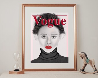 Vogue Cover fashion Portrait, lady portrait, black and white, Red, Fashion Print, Digital Art Print, Glam Decor, Magazine cover Illustration