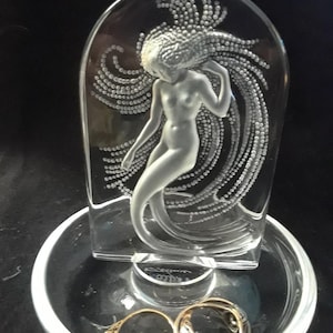 Vintage Mermaid Lalique Crystal Trinket Jewelry Dish Signed Figurine