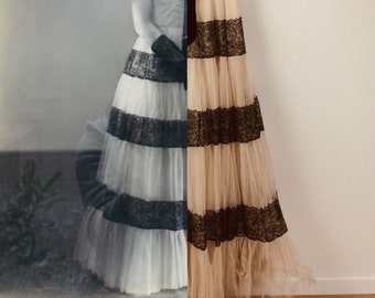 Striking 1930s art deco evening gown in salmon pink tulle and black lace stripes, including vintage photo of woman wearing the dress!