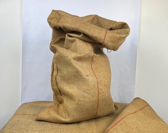 Vintage 1960s burlap jute fabric storage or transport bag, 2x3ft, heavy industrial quality, in very good condition! Multiple available.