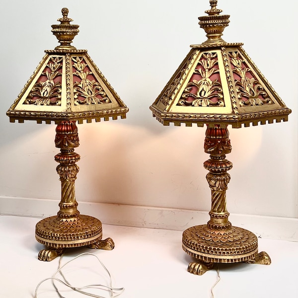 Two incredible Italian Florentine crafts giltwood lamps, midcentury, 1950s, Gothic Revival, unique, handmade carved wooden lamps gold leaf
