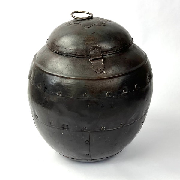 Antique iron riveted storage jar, India, beautiful dark patina, a very decorative item!