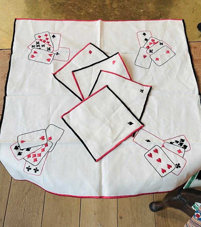 Hand Made Bridge Playing Cards Table Cloth and Napkins Set in Linen