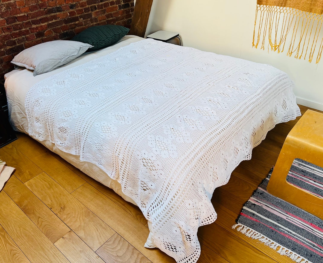 Couvre-lit En Crochet Fait Main - 100% Coton - 200 X 170 Cm - Blanc - France