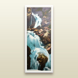 Beautifully executed original antique color lithograph (Paris, 1920s) depicting an Algerian waterfall, dramatic landscape print