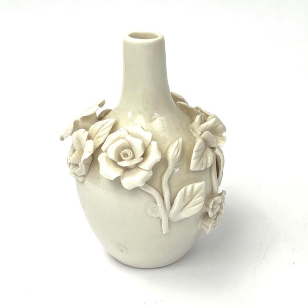 Vintage little blanc de chine style floral relief white porcelain vase, 1960s, charming little white china vase