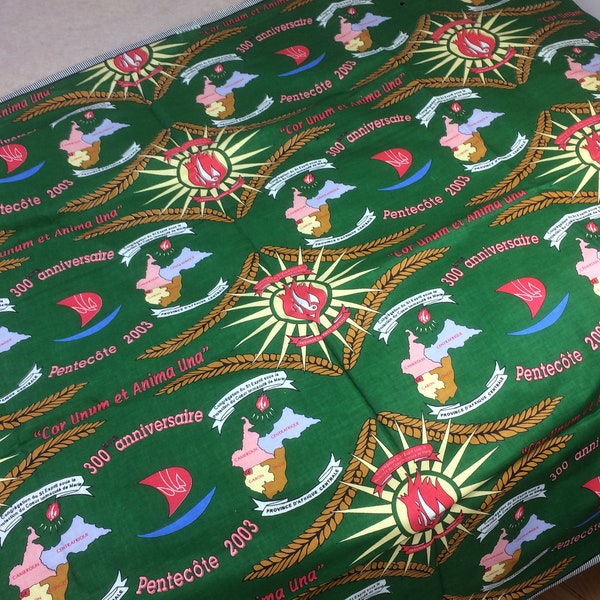 Dutch wax commemorative novelty patterned fabric, celebrating 300 years of Pentecost in Congo, Cameroon, Guinee, Gabon and Central Africa