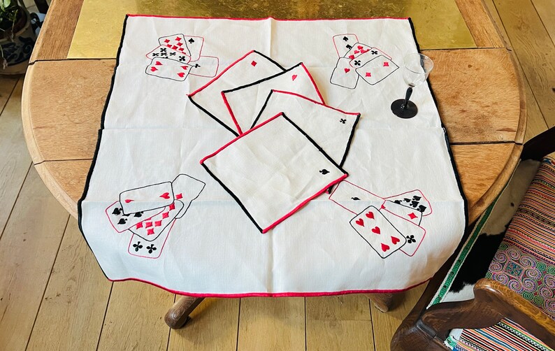 Hand Made Bridge Playing Cards Table Cloth and Napkins Set in Linen