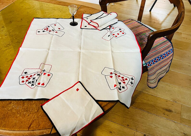 Hand Made Bridge Playing Cards Table Cloth and Napkins Set in Linen