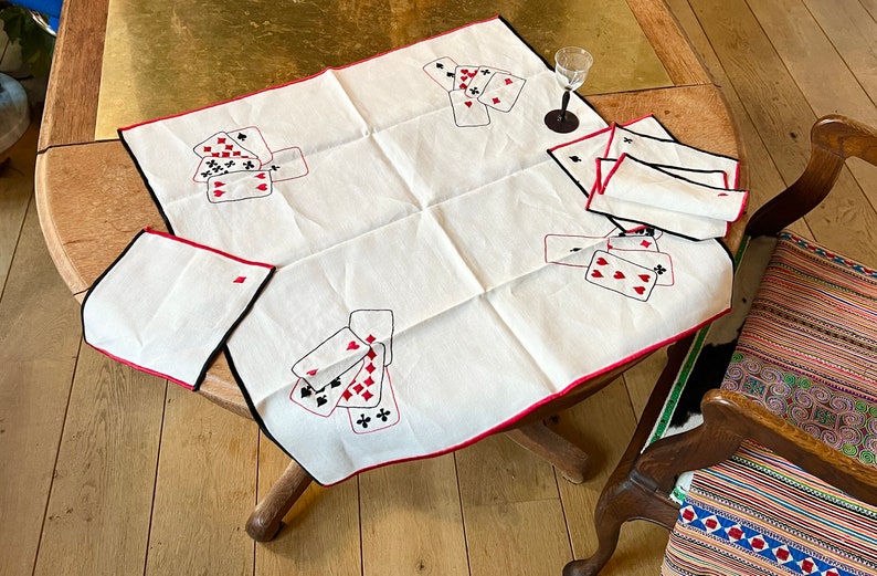 Hand Made Bridge Playing Cards Table Cloth and Napkins Set in Linen