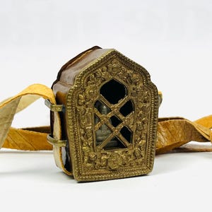 Nicely executed brass Ghau/Gao, portable Tibetan Buddhist prayer box, travel altar, lucky amulet, spiritual wall decor