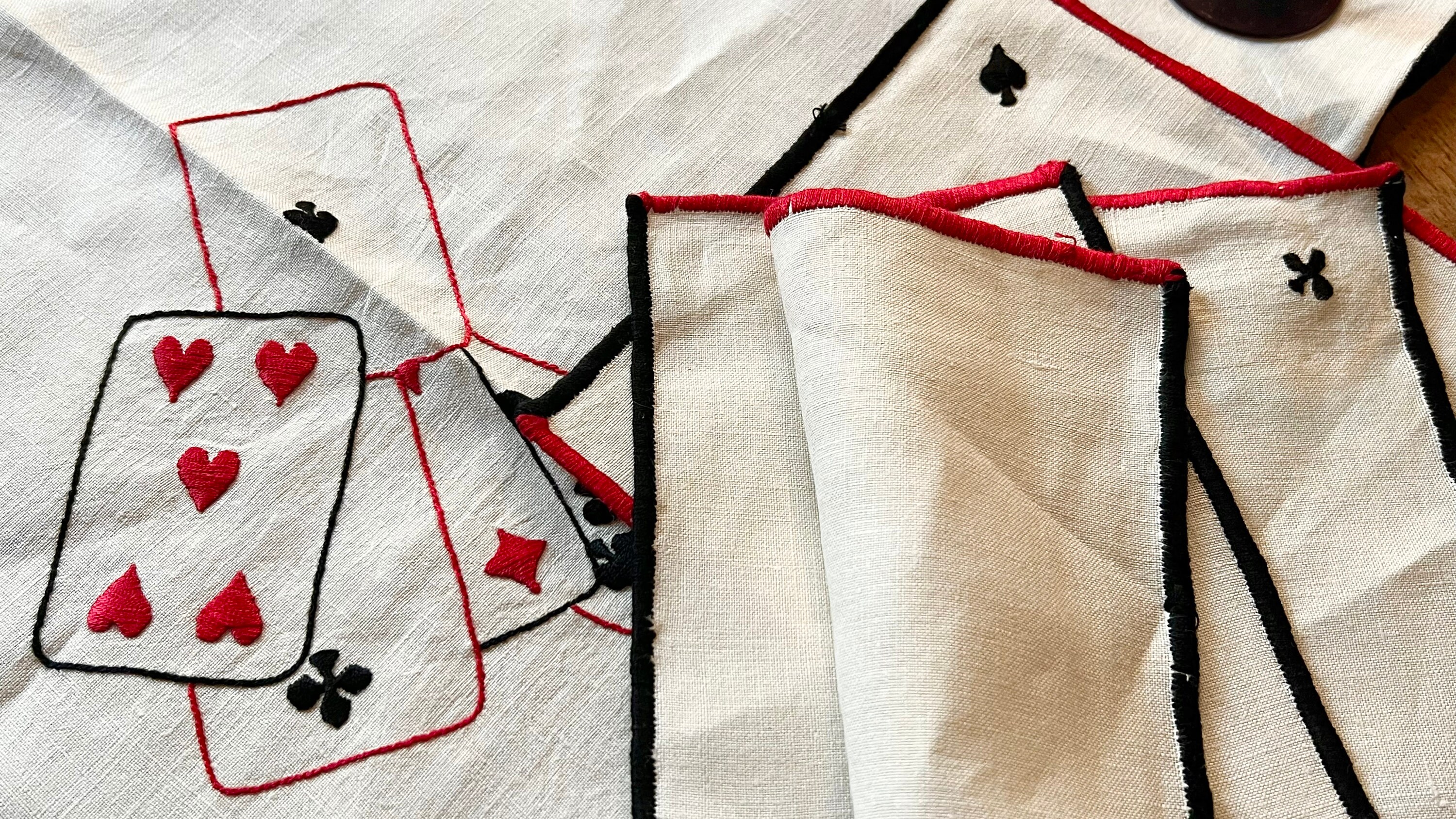 Hand Made Bridge Playing Cards Table Cloth and Napkins Set in Linen