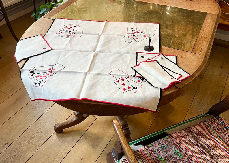 Hand Made Bridge Playing Cards Table Cloth and Napkins Set in Linen