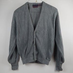 May include: A gray cardigan sweater with a V-neck and button closure. The sweater has long sleeves and a ribbed knit texture.