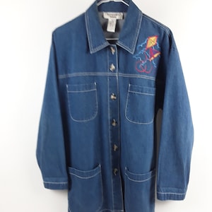 1990s &quot;Clementine&quot; Ladies Denim Embroidered Shirt Jacket Size Small Made in Hong Kong