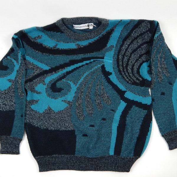 1980s Vintage "Saturday" Acrylic Made in Korea Size Large Turquoise and Black Abstract Geometric Long Sleeve Pullover Crewneck Sweater